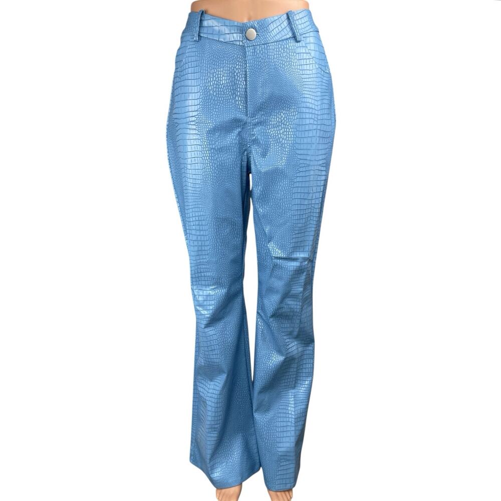 NEW Princess Polly Blue Faux Vegan Croc Leather Flare Bootcut Trousers Pants 6
